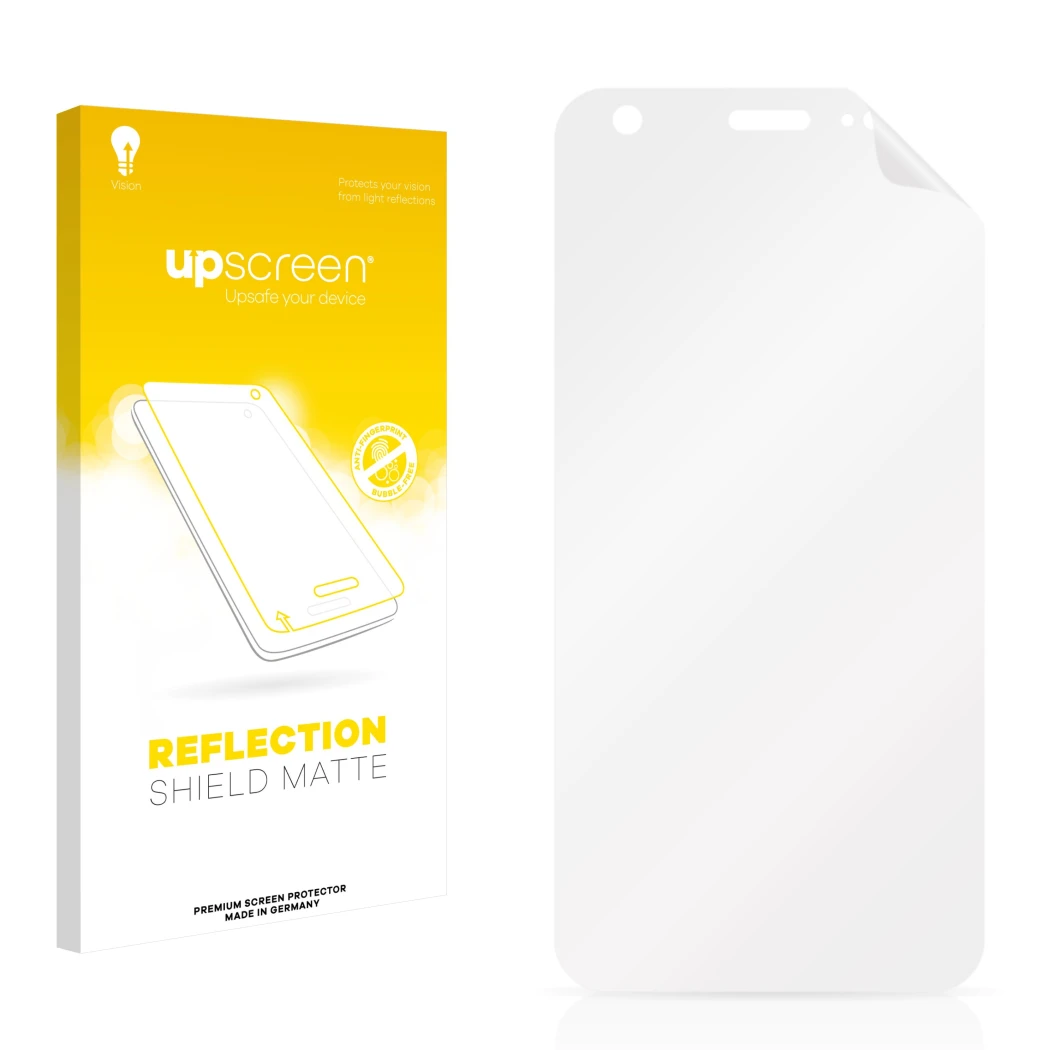 Vorderseite einer Produktverpackung mit dem Markenlogo upscreen. Daneben ist der zugehörige Displayschutz.