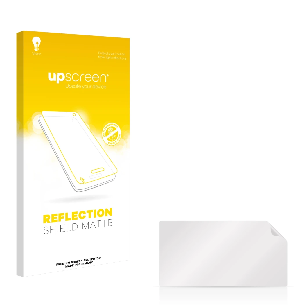Vorderseite einer Produktverpackung mit dem Markenlogo upscreen. Daneben ist der zugehörige Displayschutz.
