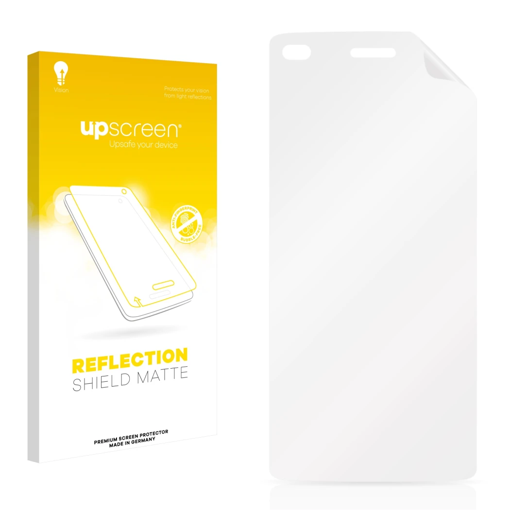 Vorderseite einer Produktverpackung mit dem Markenlogo upscreen. Daneben ist der zugehörige Displayschutz.