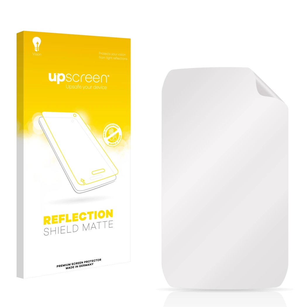 Vorderseite einer Produktverpackung mit dem Markenlogo upscreen. Daneben ist der zugehörige Displayschutz.