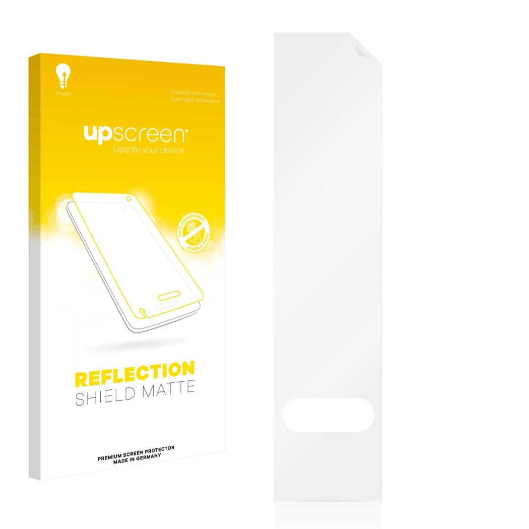 Vorderseite einer Produktverpackung mit dem Markenlogo upscreen. Daneben ist der zugehörige Displayschutz.