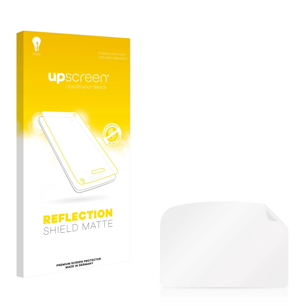 Vorderseite einer Produktverpackung mit dem Markenlogo upscreen. Daneben ist der zugehörige Displayschutz.
