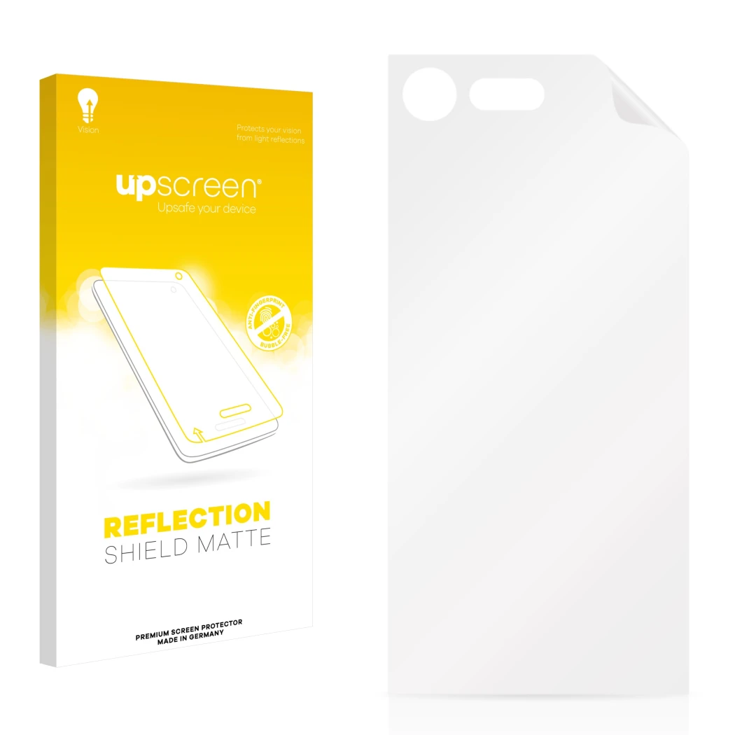 Vorderseite einer Produktverpackung mit dem Markenlogo upscreen. Daneben ist der zugehörige Displayschutz.