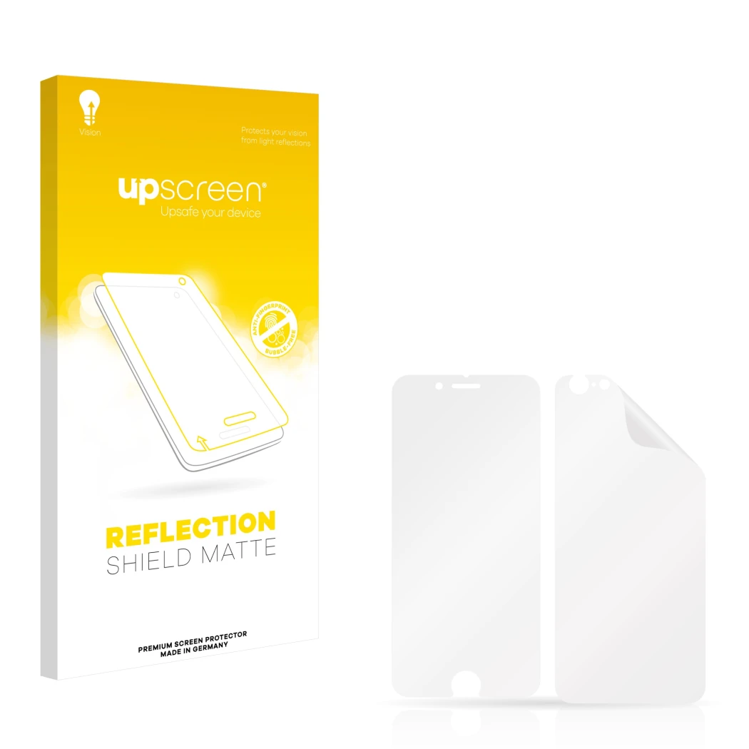 Vorderseite einer Produktverpackung mit dem Markenlogo upscreen. Daneben ist der zugehörige Displayschutz.