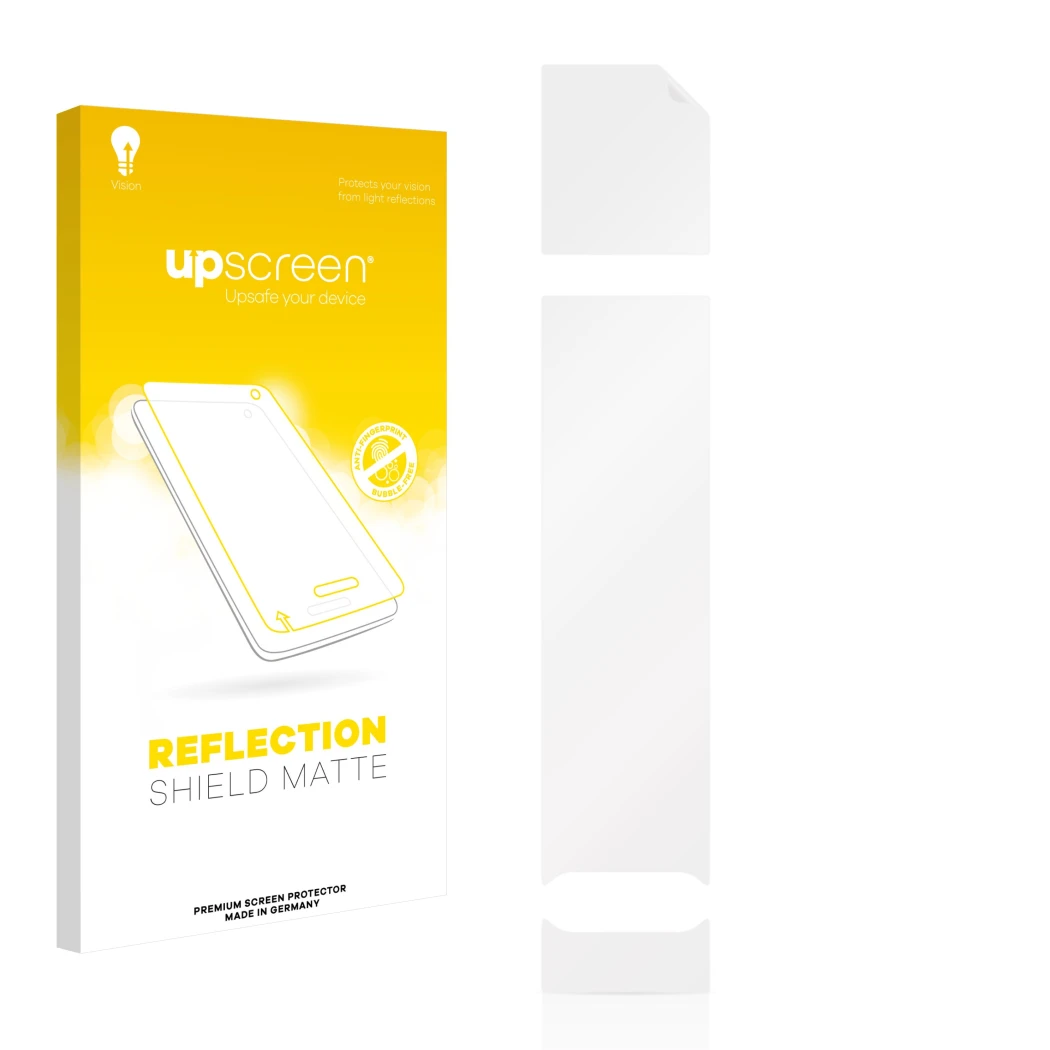 Vorderseite einer Produktverpackung mit dem Markenlogo upscreen. Daneben ist der zugehörige Displayschutz.