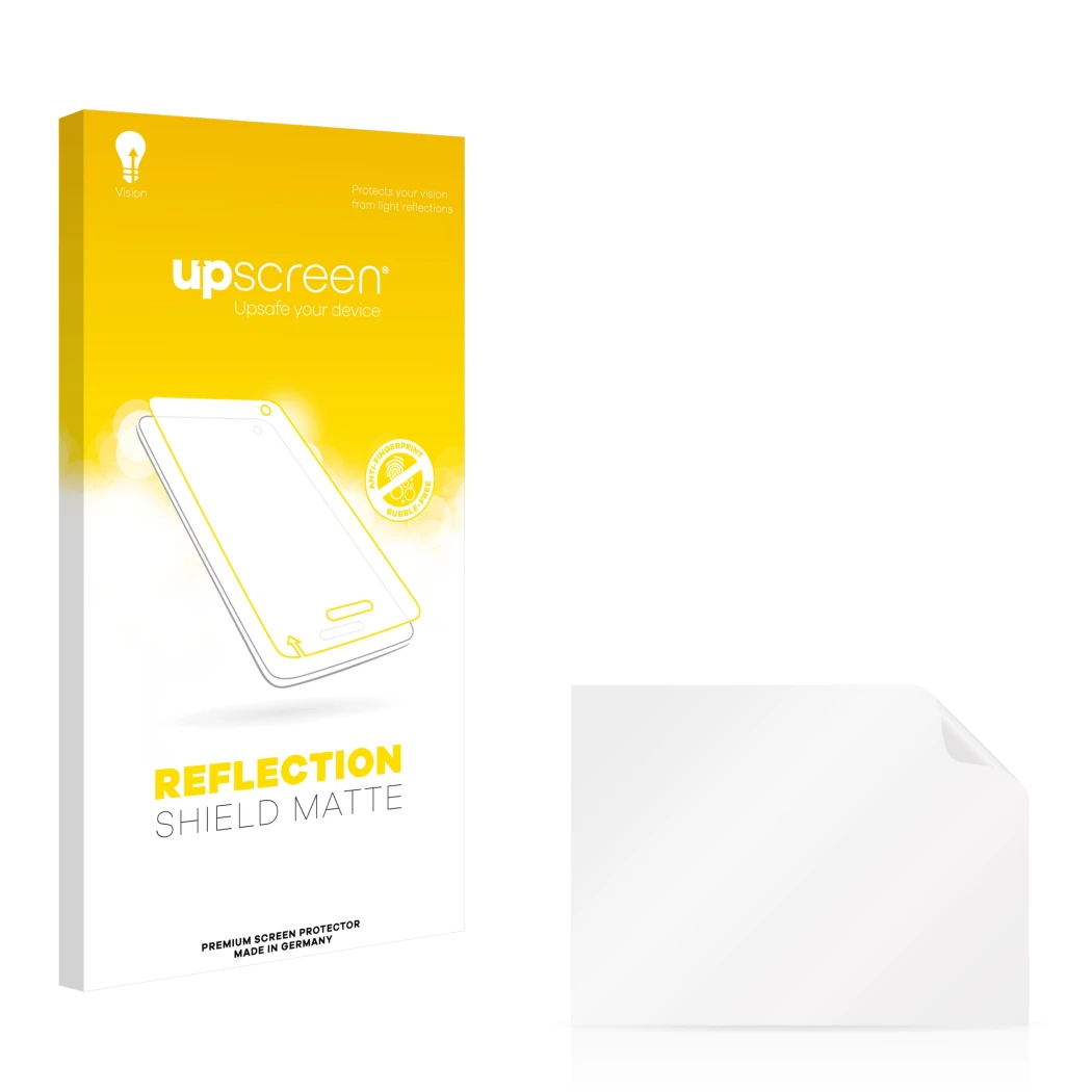 Vorderseite einer Produktverpackung mit dem Markenlogo upscreen. Daneben ist der zugehörige Displayschutz.