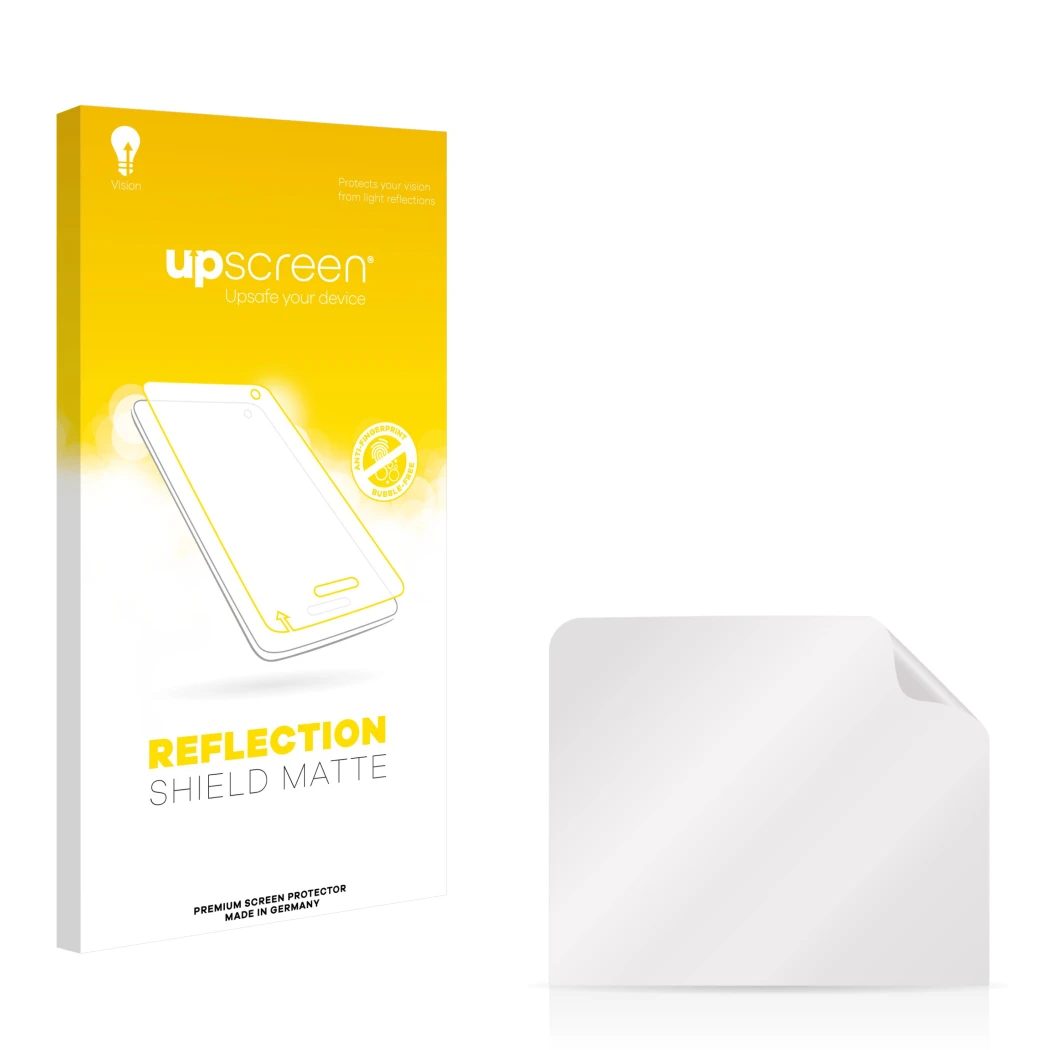 Vorderseite einer Produktverpackung mit dem Markenlogo upscreen. Daneben ist der zugehörige Displayschutz.