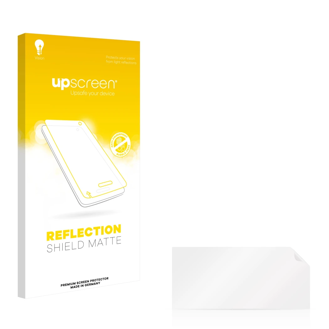 Vorderseite einer Produktverpackung mit dem Markenlogo upscreen. Daneben ist der zugehörige Displayschutz.
