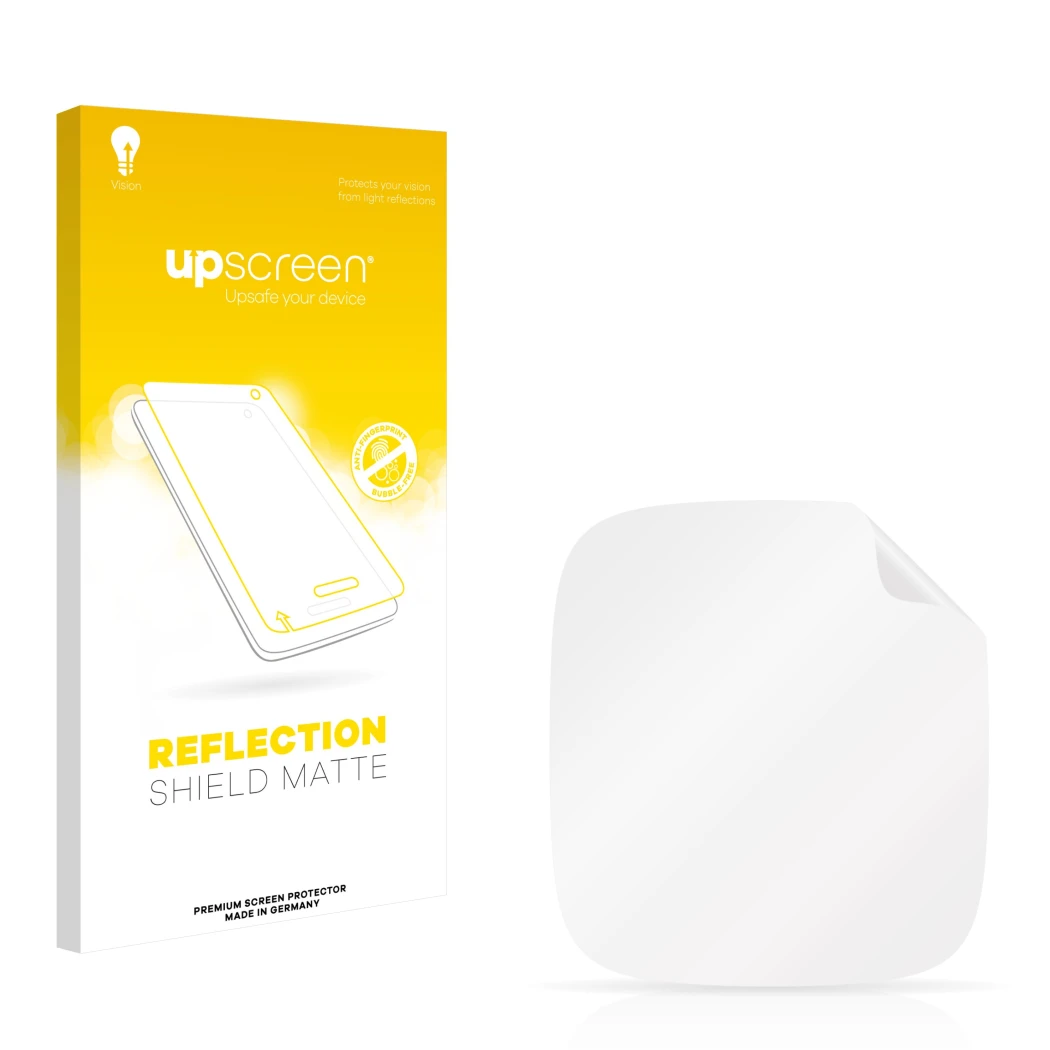 Vorderseite einer Produktverpackung mit dem Markenlogo upscreen. Daneben ist der zugehörige Displayschutz.