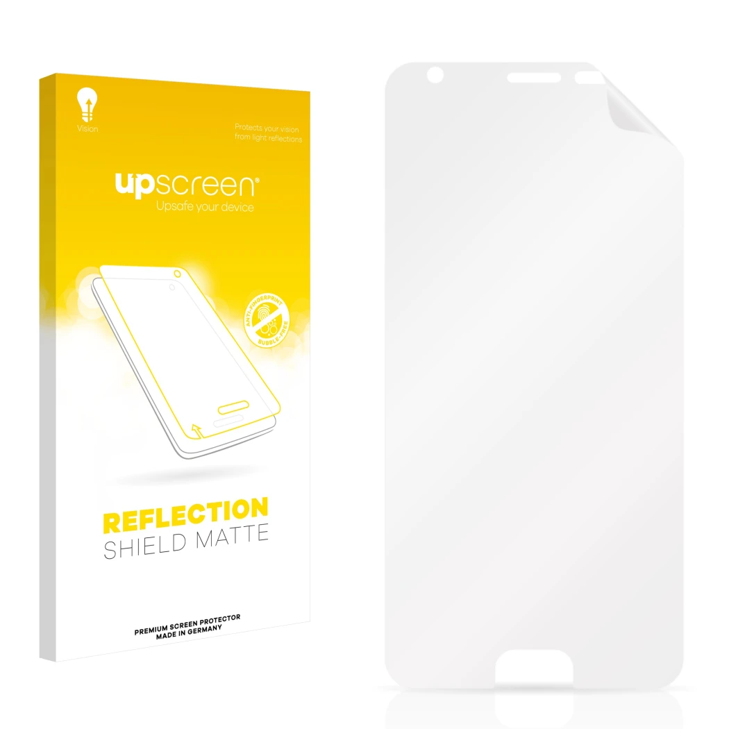Vorderseite einer Produktverpackung mit dem Markenlogo upscreen. Daneben ist der zugehörige Displayschutz.