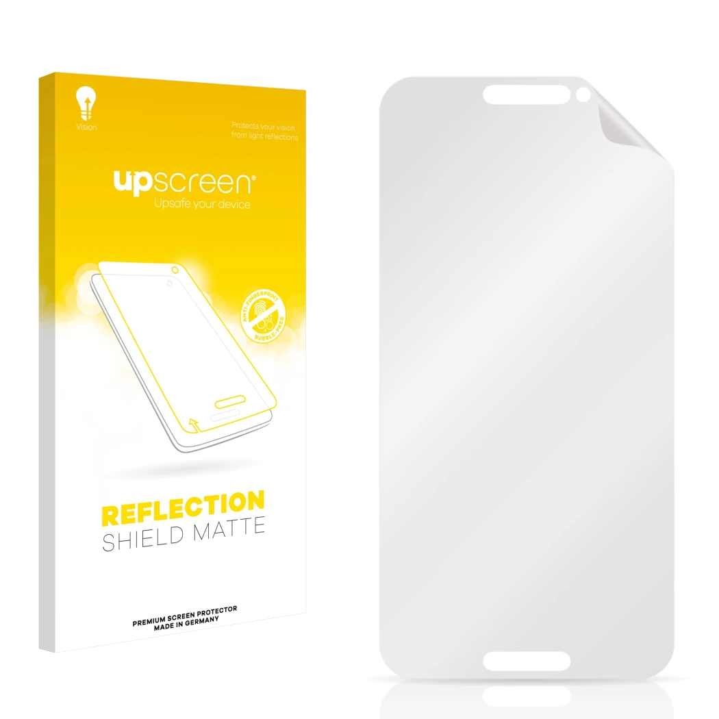 Vorderseite einer Produktverpackung mit dem Markenlogo upscreen. Daneben ist der zugehörige Displayschutz.