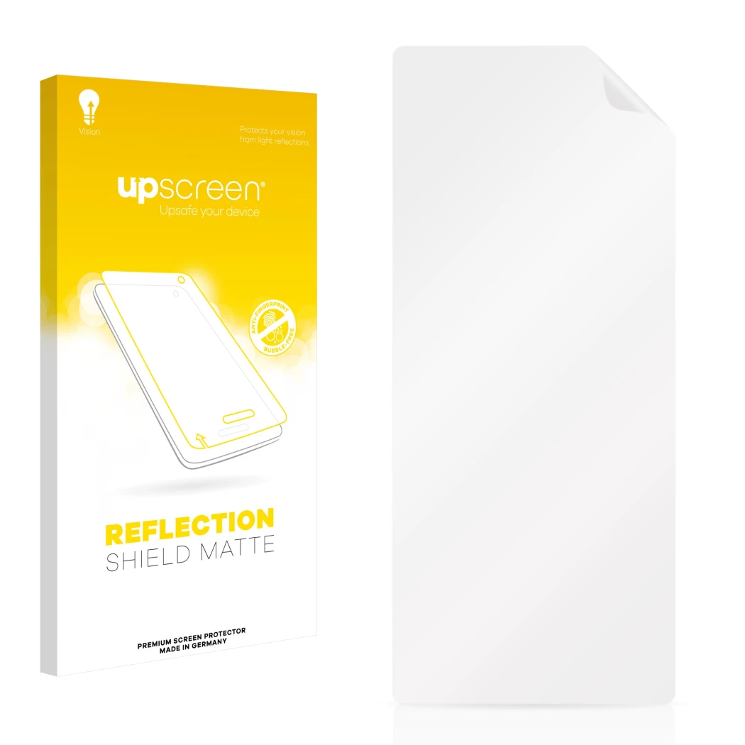Vorderseite einer Produktverpackung mit dem Markenlogo upscreen. Daneben ist der zugehörige Displayschutz.