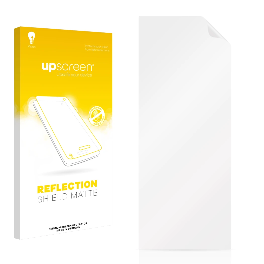 Vorderseite einer Produktverpackung mit dem Markenlogo upscreen. Daneben ist der zugehörige Displayschutz.