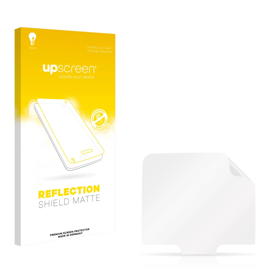Vorderseite einer Produktverpackung mit dem Markenlogo upscreen. Daneben ist der zugehörige Displayschutz.