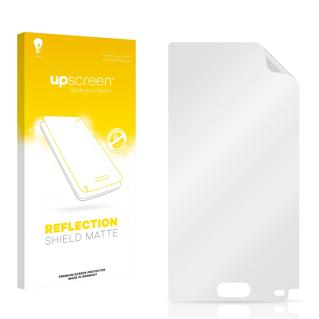 Vorderseite einer Produktverpackung mit dem Markenlogo upscreen. Daneben ist der zugehörige Displayschutz.