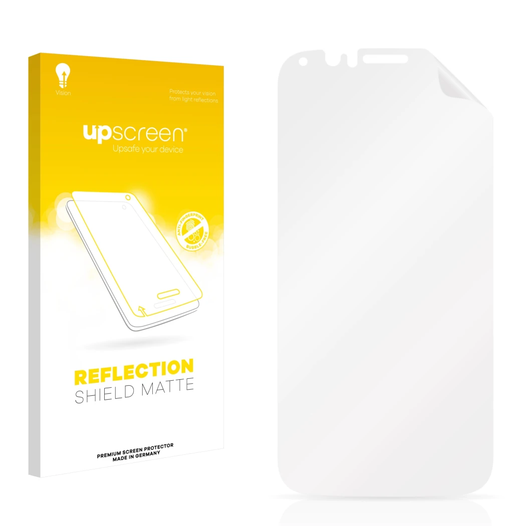 Vorderseite einer Produktverpackung mit dem Markenlogo upscreen. Daneben ist der zugehörige Displayschutz.