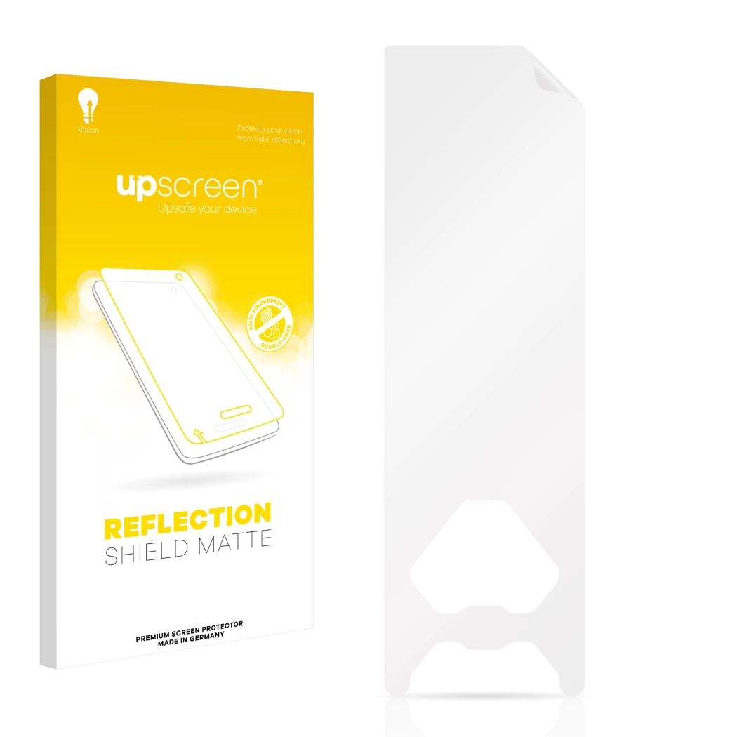 Vorderseite einer Produktverpackung mit dem Markenlogo upscreen. Daneben ist der zugehörige Displayschutz.