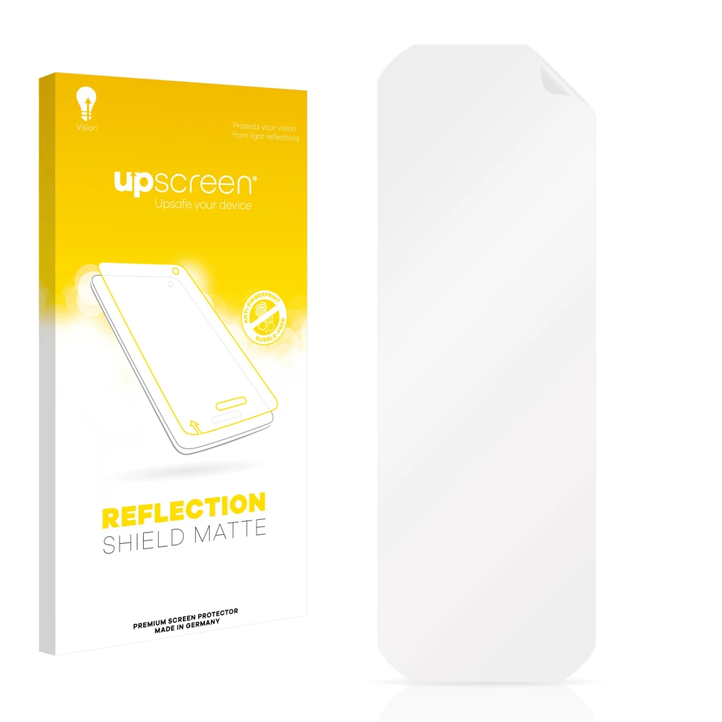 Vorderseite einer Produktverpackung mit dem Markenlogo upscreen. Daneben ist der zugehörige Displayschutz.