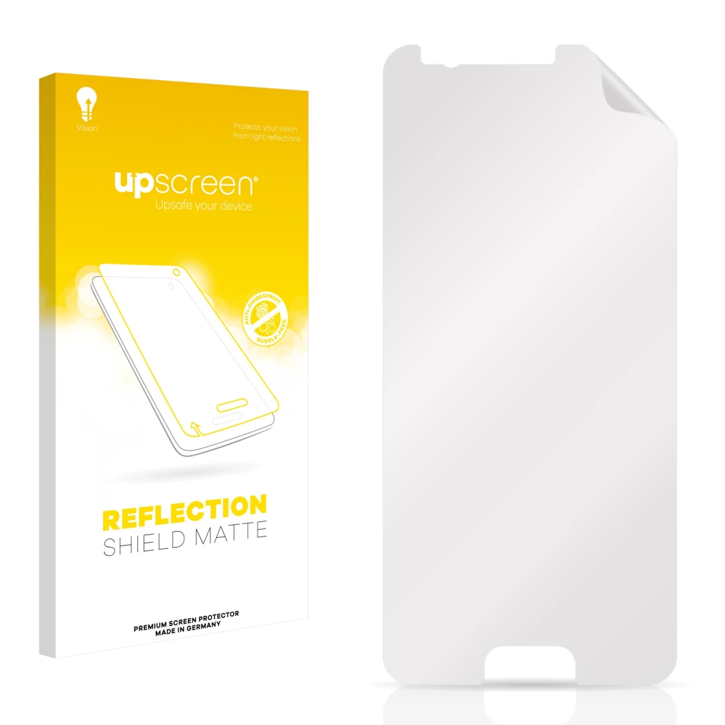 Vorderseite einer Produktverpackung mit dem Markenlogo upscreen. Daneben ist der zugehörige Displayschutz.
