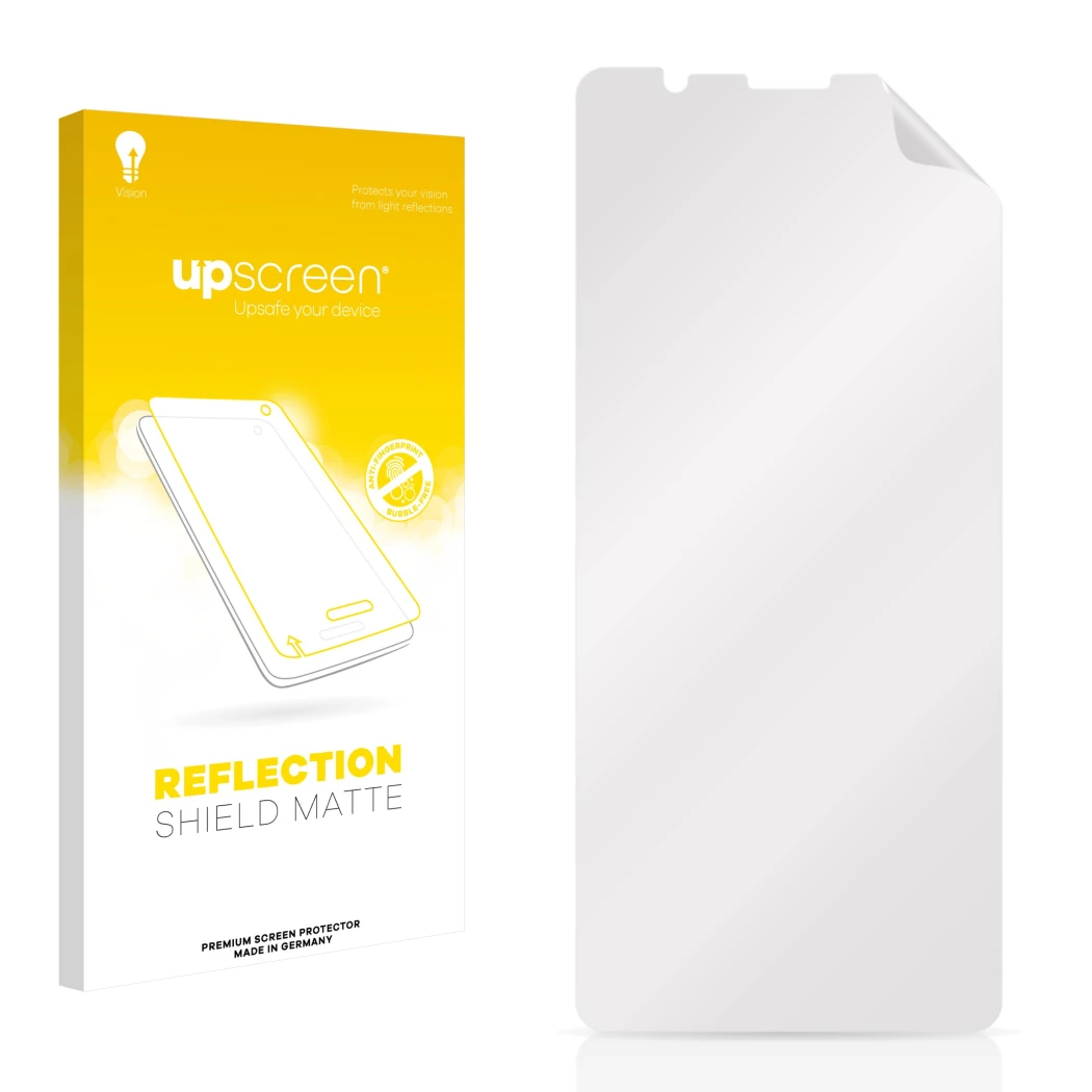 Vorderseite einer Produktverpackung mit dem Markenlogo upscreen. Daneben ist der zugehörige Displayschutz.