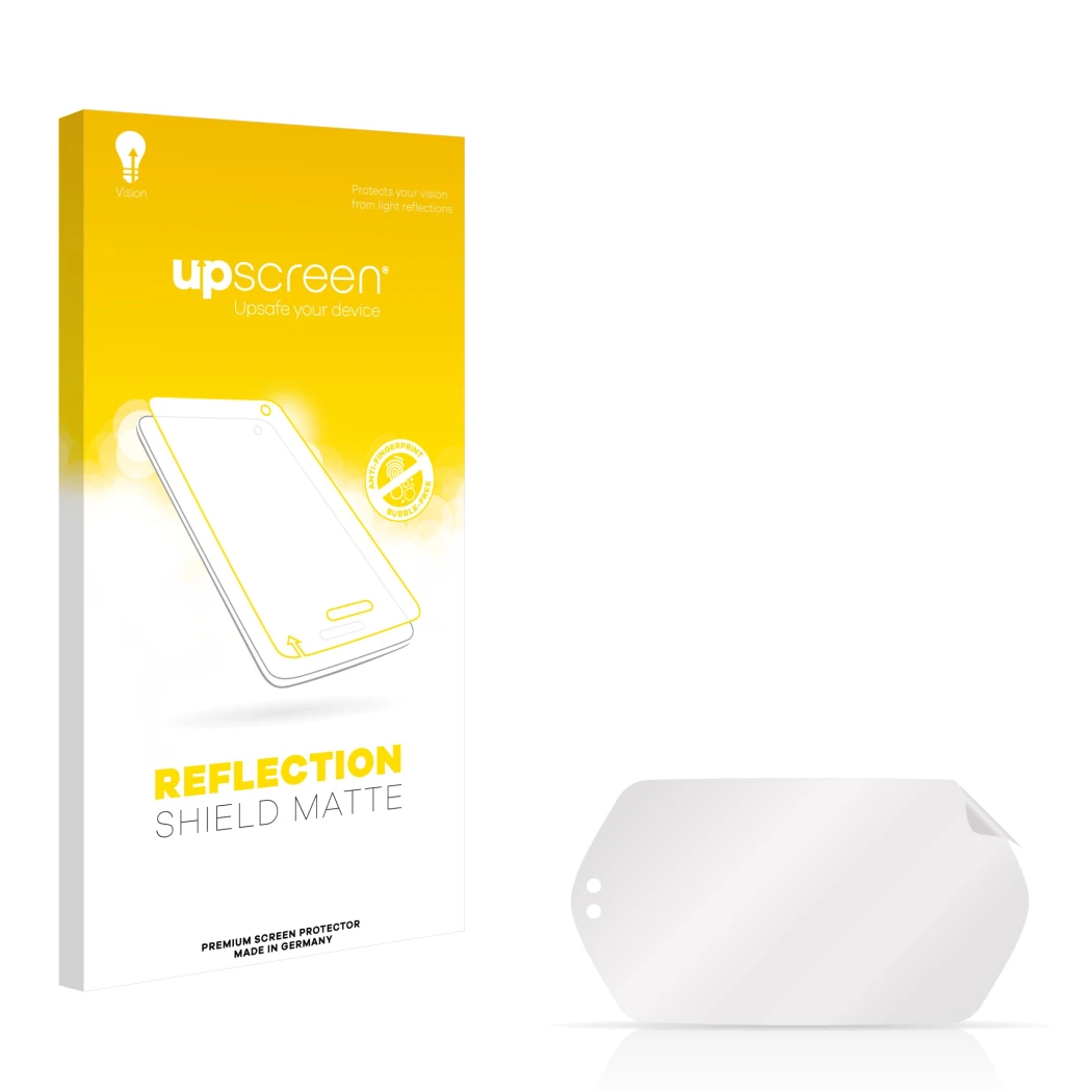 Vorderseite einer Produktverpackung mit dem Markenlogo upscreen. Daneben ist der zugehörige Displayschutz.
