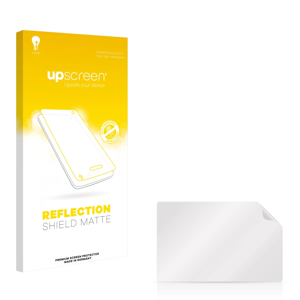 Vorderseite einer Produktverpackung mit dem Markenlogo upscreen. Daneben ist der zugehörige Displayschutz.