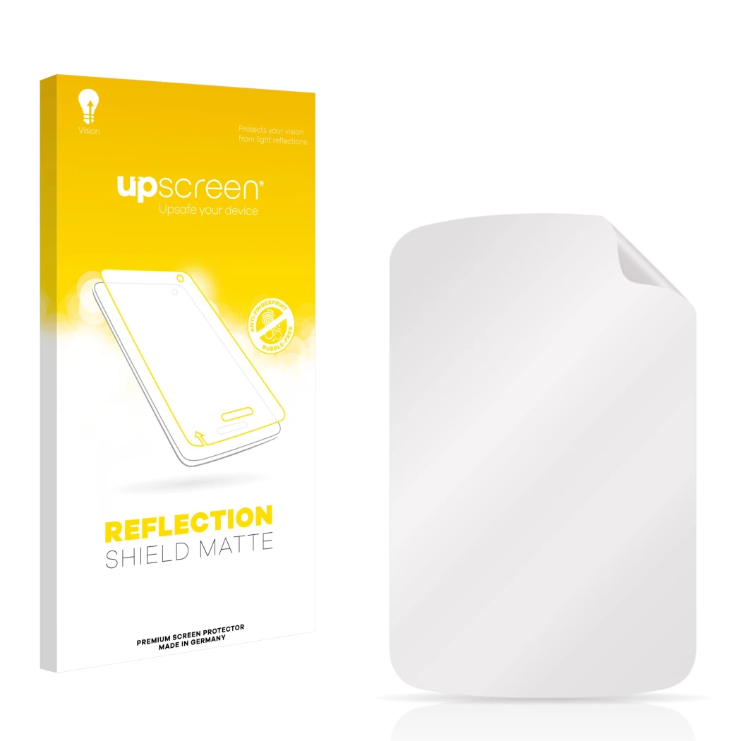 Vorderseite einer Produktverpackung mit dem Markenlogo upscreen. Daneben ist der zugehörige Displayschutz.
