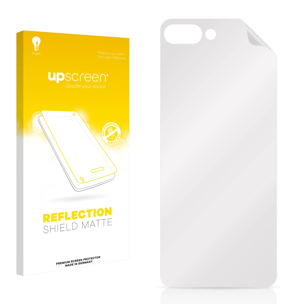 Vorderseite einer Produktverpackung mit dem Markenlogo upscreen. Daneben ist der zugehörige Displayschutz.