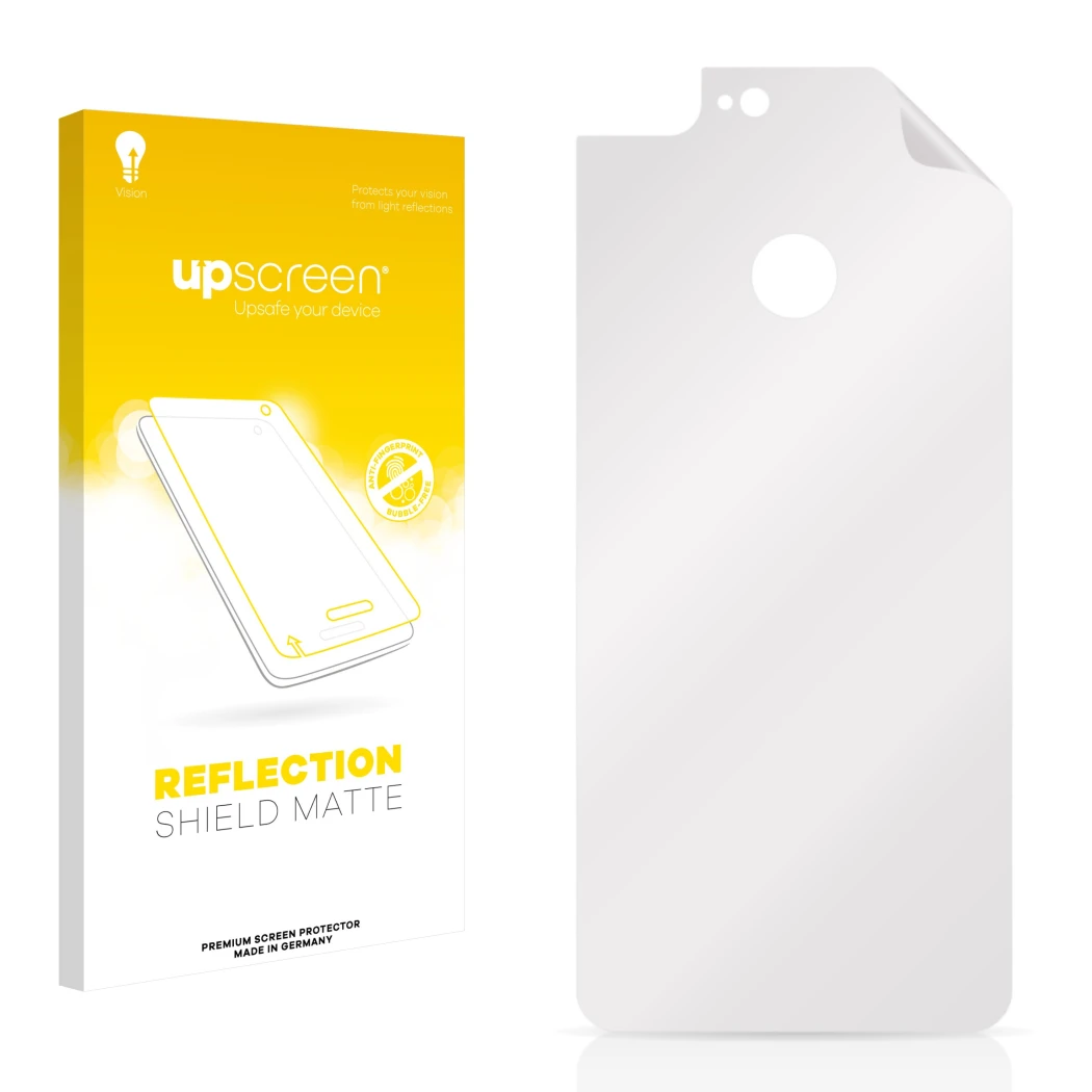 Vorderseite einer Produktverpackung mit dem Markenlogo upscreen. Daneben ist der zugehörige Displayschutz.