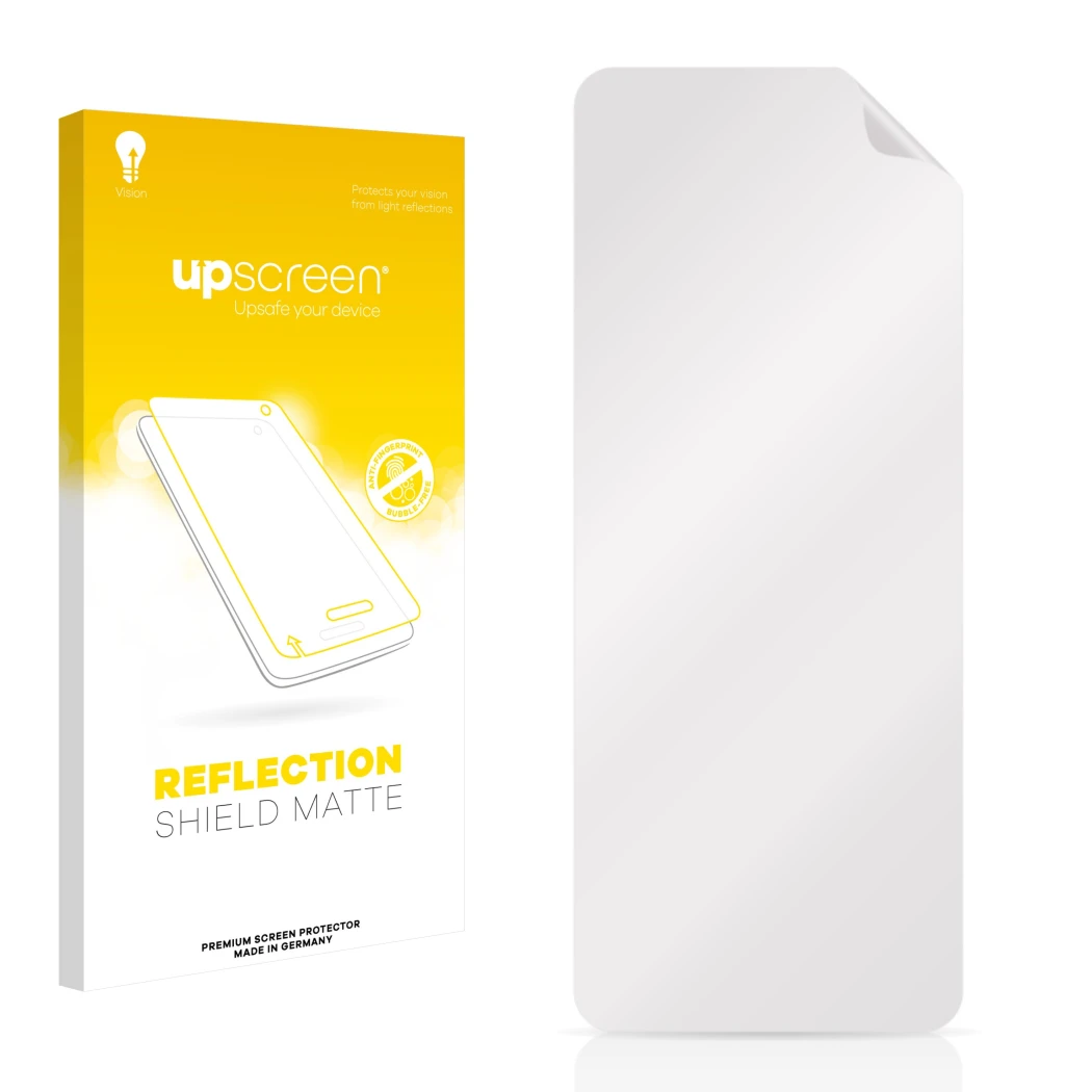 Vorderseite einer Produktverpackung mit dem Markenlogo upscreen. Daneben ist der zugehörige Displayschutz.