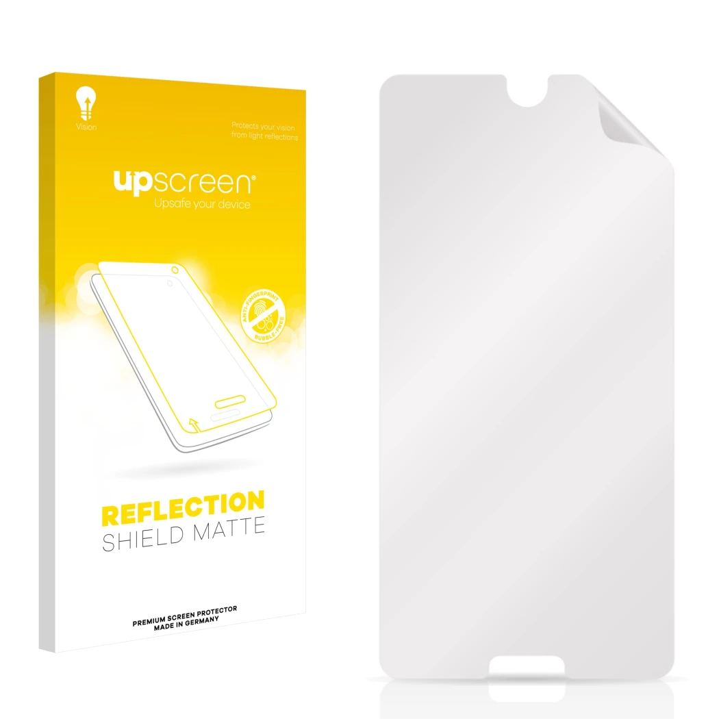 Vorderseite einer Produktverpackung mit dem Markenlogo upscreen. Daneben ist der zugehörige Displayschutz.