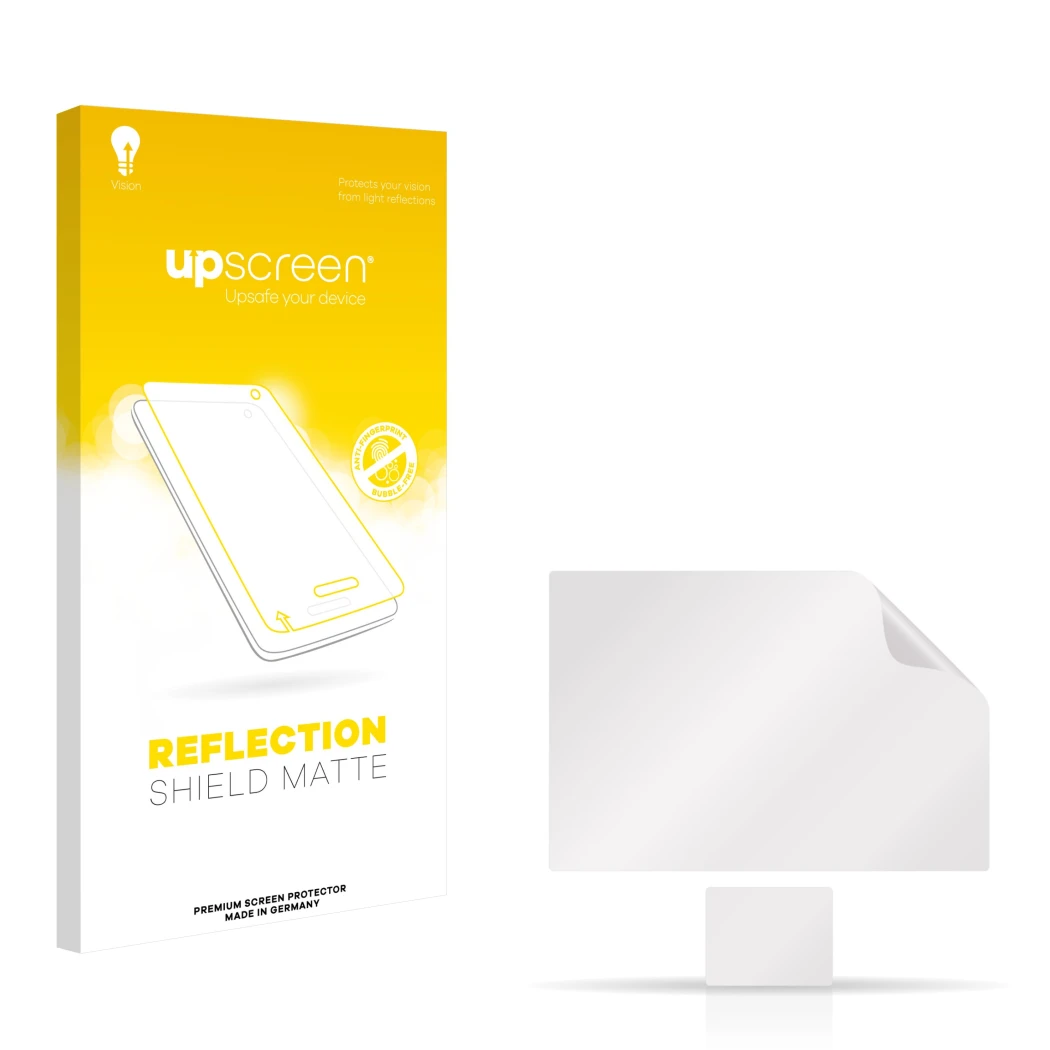 Vorderseite einer Produktverpackung mit dem Markenlogo upscreen. Daneben ist der zugehörige Displayschutz.