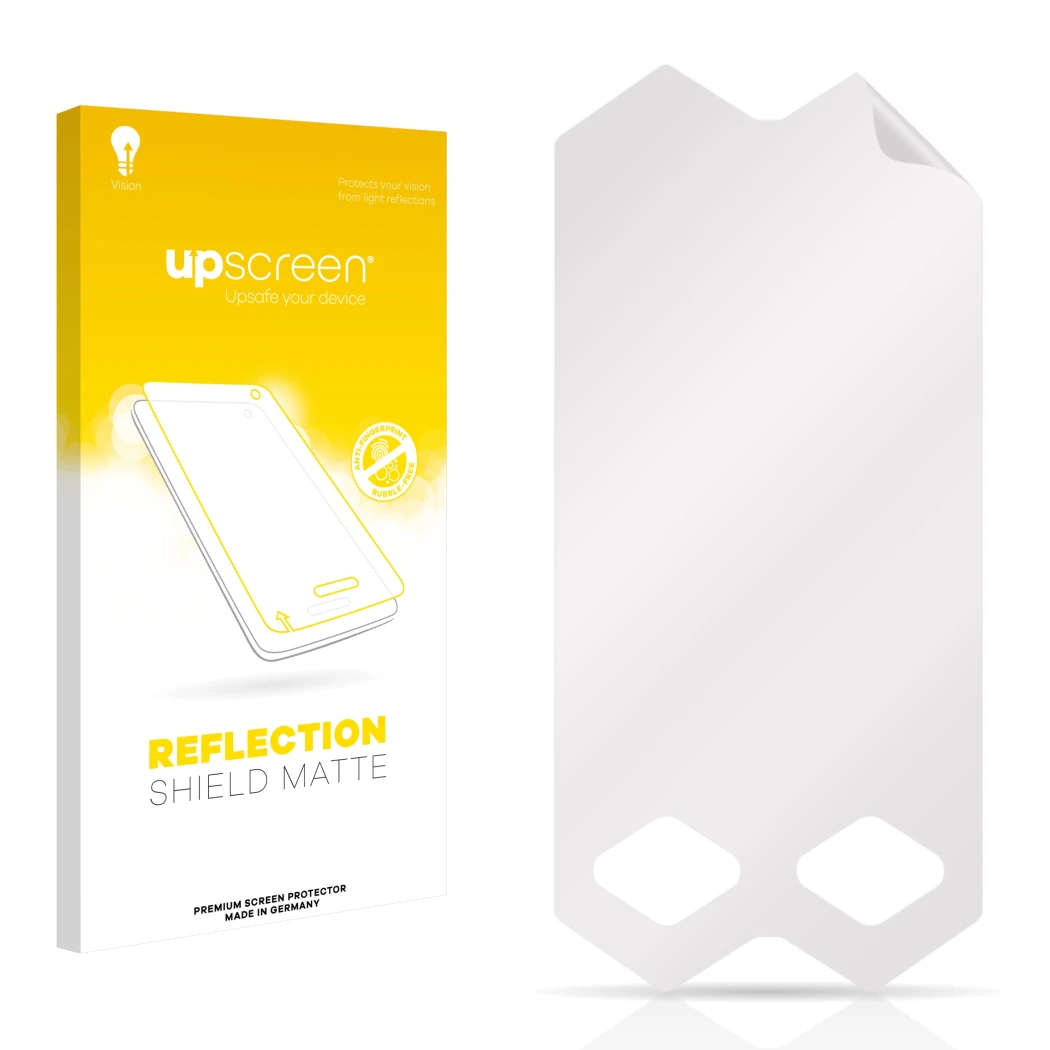 Vorderseite einer Produktverpackung mit dem Markenlogo upscreen. Daneben ist der zugehörige Displayschutz.