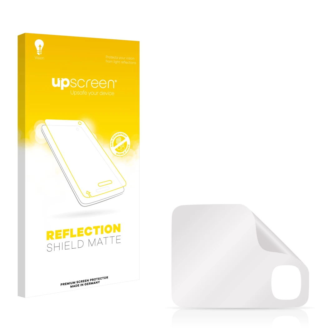 Vorderseite einer Produktverpackung mit dem Markenlogo upscreen. Daneben ist der zugehörige Displayschutz.