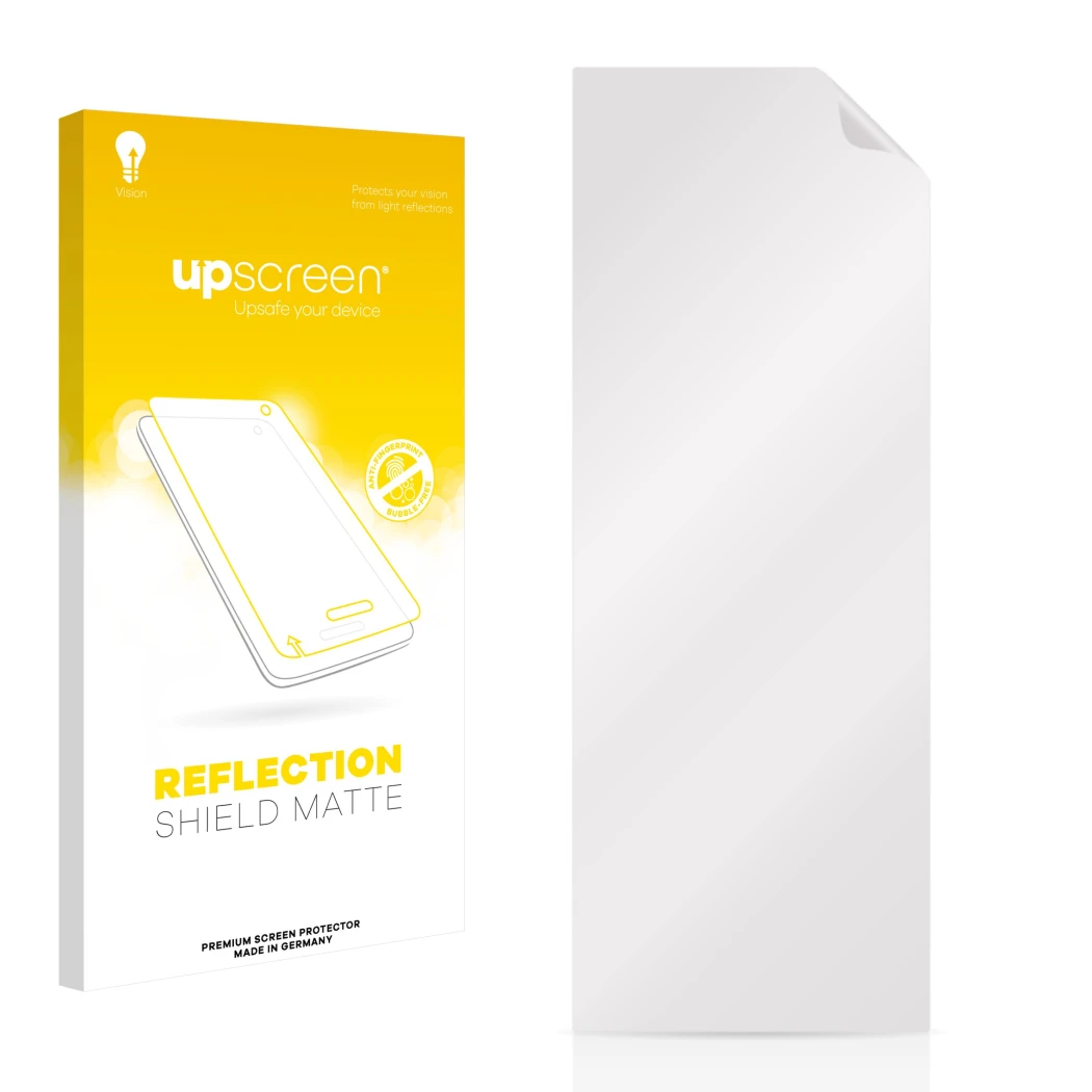 Vorderseite einer Produktverpackung mit dem Markenlogo upscreen. Daneben ist der zugehörige Displayschutz.