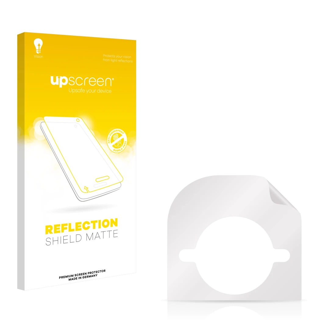 Vorderseite einer Produktverpackung mit dem Markenlogo upscreen. Daneben ist der zugehörige Displayschutz.