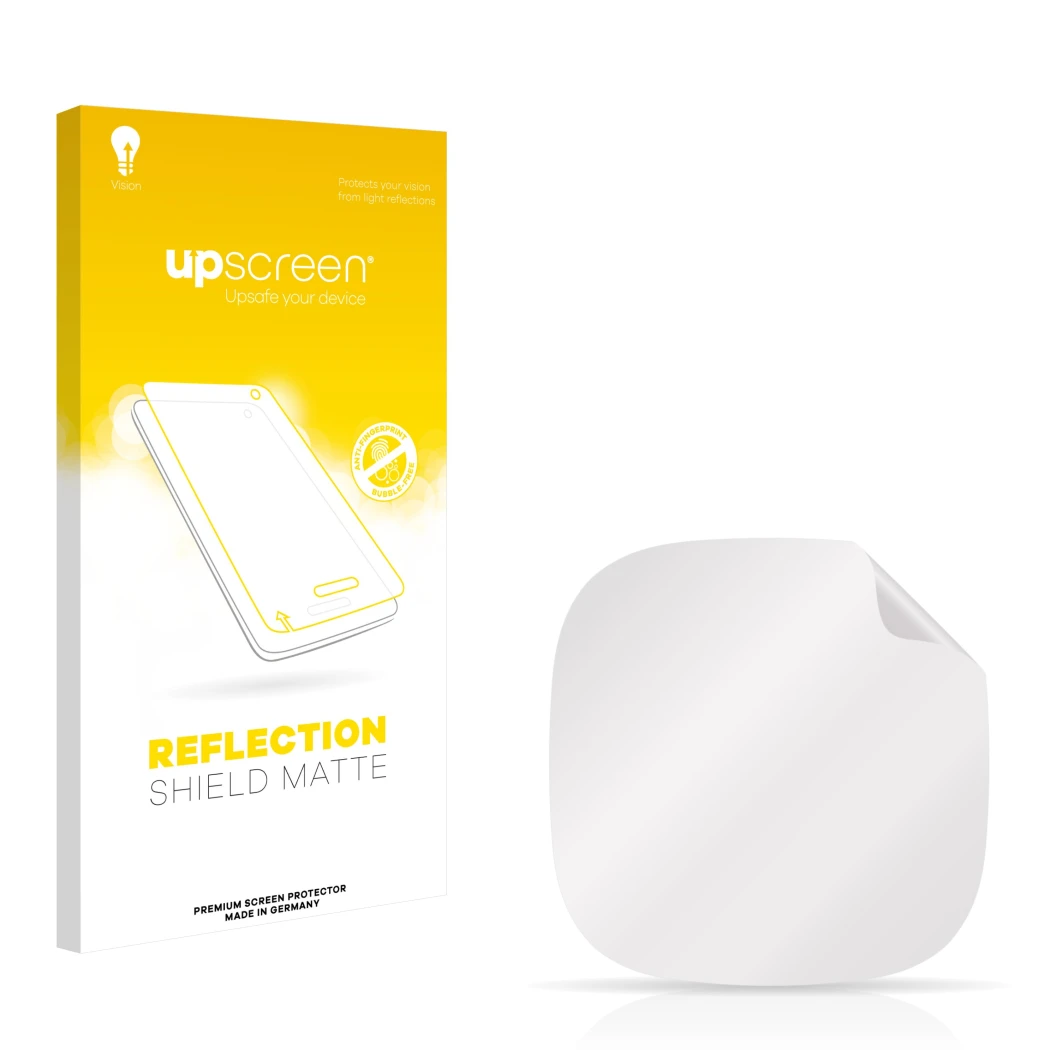 Vorderseite einer Produktverpackung mit dem Markenlogo upscreen. Daneben ist der zugehörige Displayschutz.