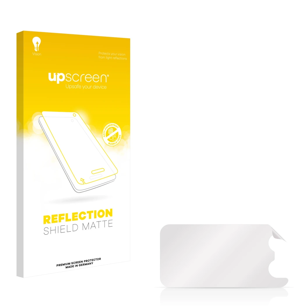 Vorderseite einer Produktverpackung mit dem Markenlogo upscreen. Daneben ist der zugehörige Displayschutz.
