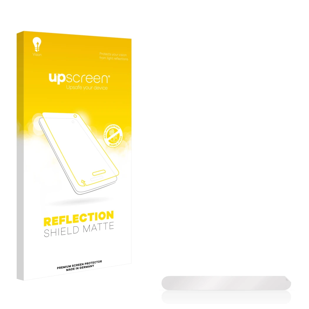 Vorderseite einer Produktverpackung mit dem Markenlogo upscreen. Daneben ist der zugehörige Displayschutz.
