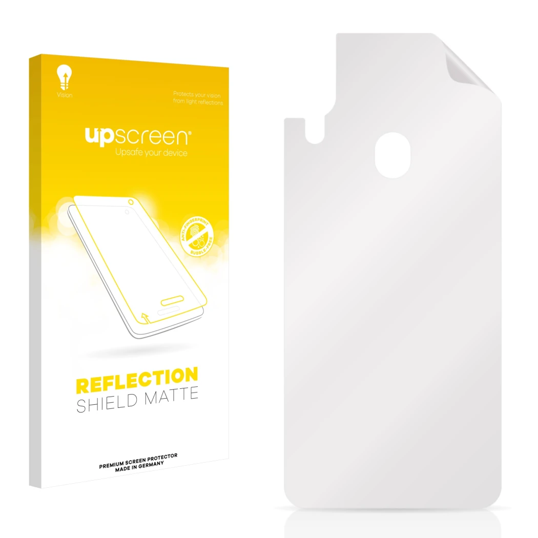 Vorderseite einer Produktverpackung mit dem Markenlogo upscreen. Daneben ist der zugehörige Displayschutz.