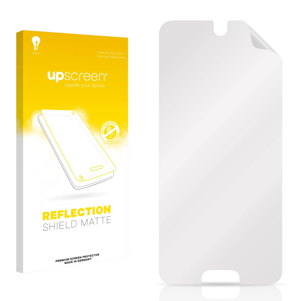 Vorderseite einer Produktverpackung mit dem Markenlogo upscreen. Daneben ist der zugehörige Displayschutz.
