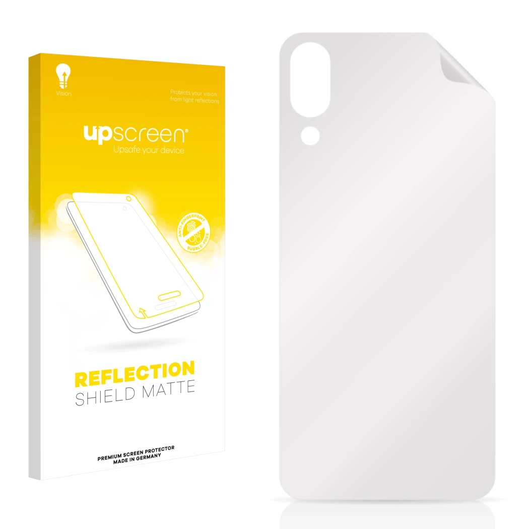 Vorderseite einer Produktverpackung mit dem Markenlogo upscreen. Daneben ist der zugehörige Displayschutz.