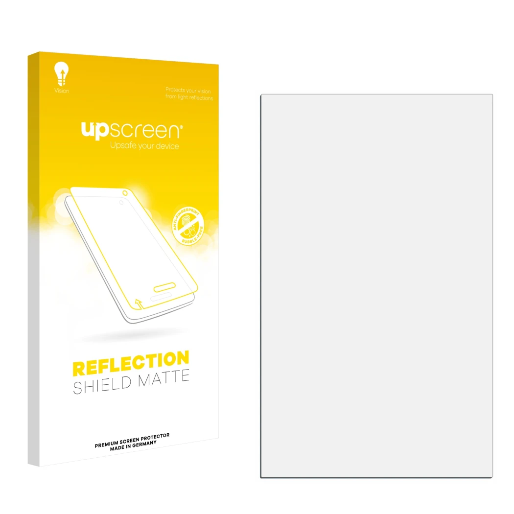 Vorderseite einer Produktverpackung mit dem Markenlogo upscreen. Daneben ist der zugehörige Displayschutz.
