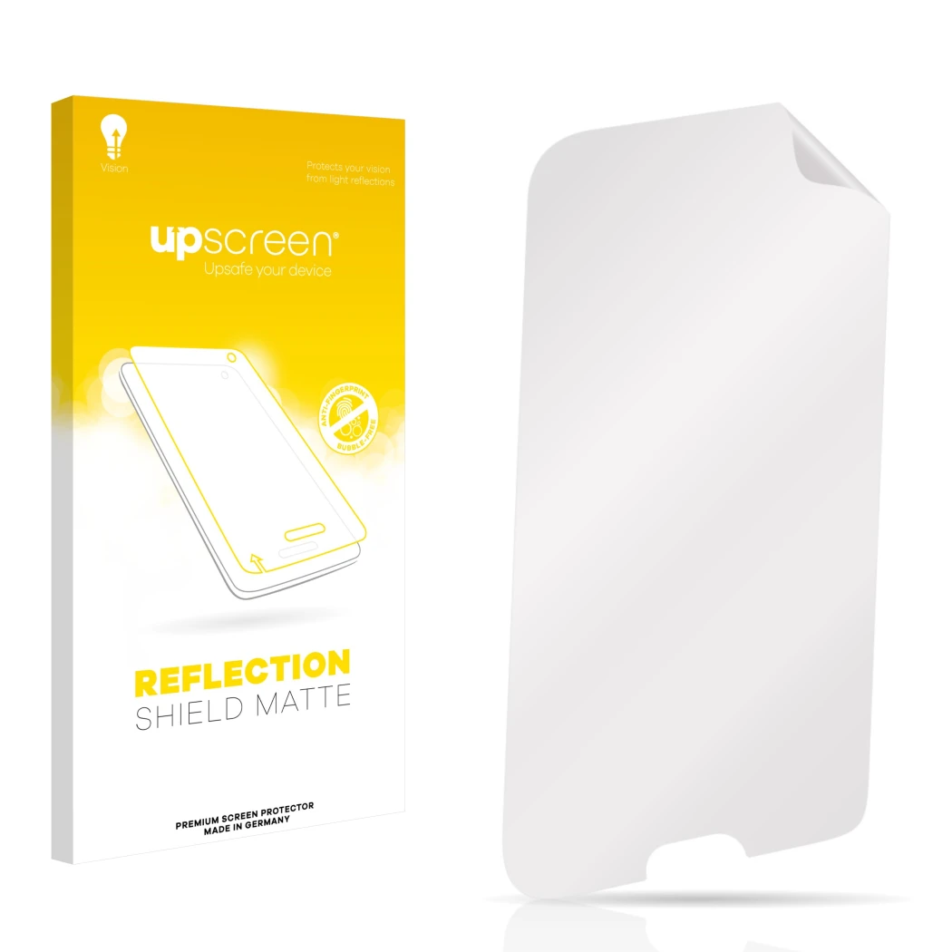 Vorderseite einer Produktverpackung mit dem Markenlogo upscreen. Daneben ist der zugehörige Displayschutz.