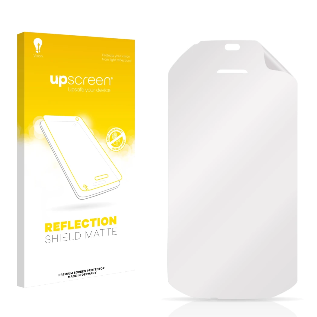 Vorderseite einer Produktverpackung mit dem Markenlogo upscreen. Daneben ist der zugehörige Displayschutz.