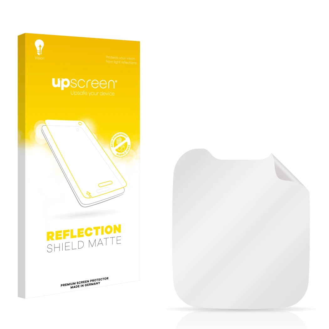 Vorderseite einer Produktverpackung mit dem Markenlogo upscreen. Daneben ist der zugehörige Displayschutz.