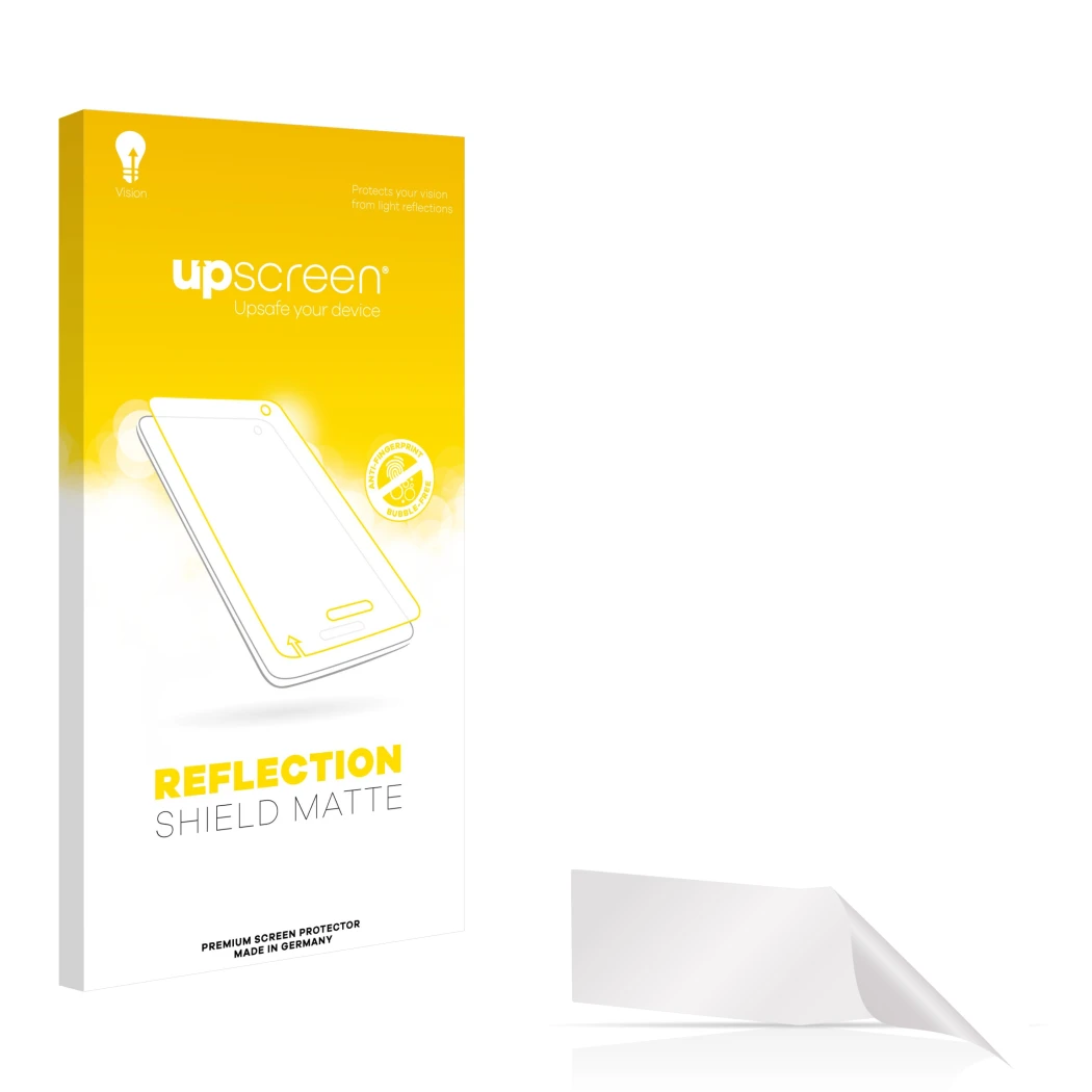 Vorderseite einer Produktverpackung mit dem Markenlogo upscreen. Daneben ist der zugehörige Displayschutz.