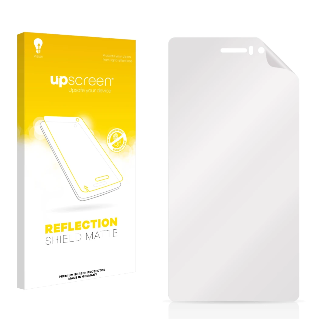 Vorderseite einer Produktverpackung mit dem Markenlogo upscreen. Daneben ist der zugehörige Displayschutz.