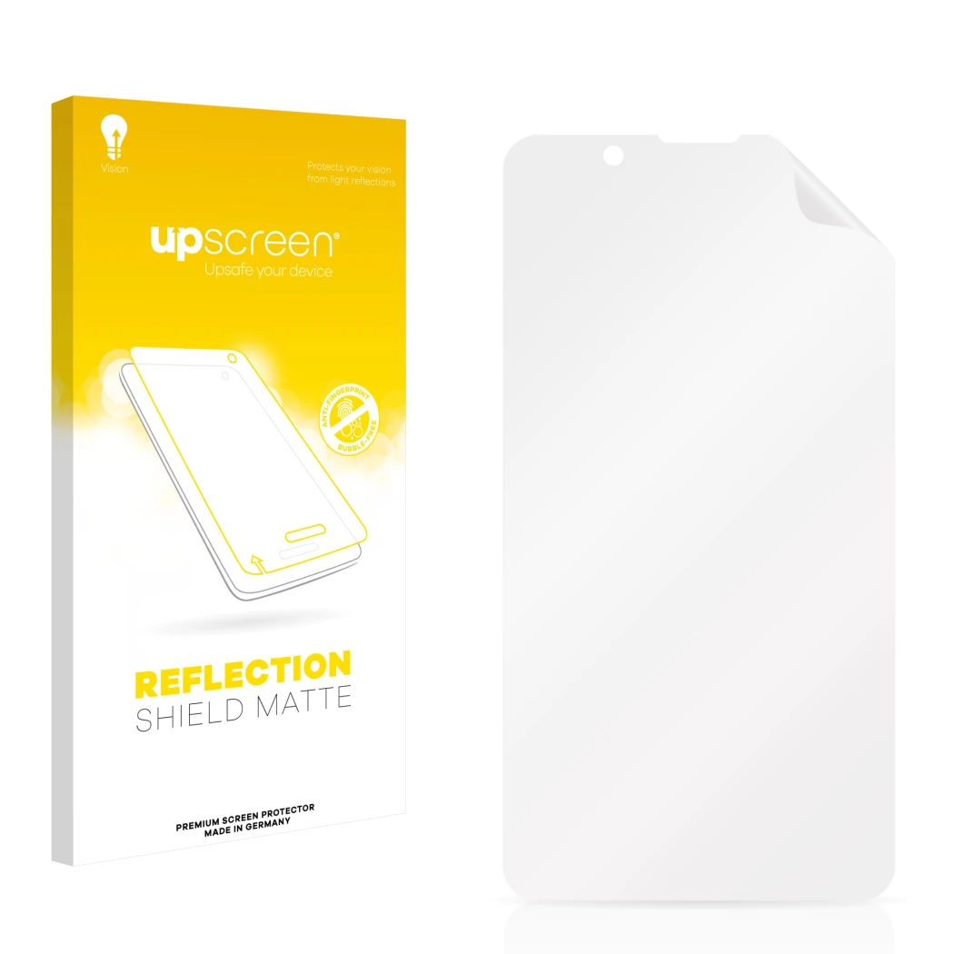 Vorderseite einer Produktverpackung mit dem Markenlogo upscreen. Daneben ist der zugehörige Displayschutz.