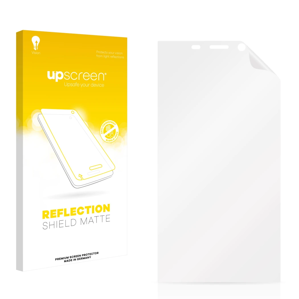 Vorderseite einer Produktverpackung mit dem Markenlogo upscreen. Daneben ist der zugehörige Displayschutz.